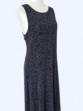 Vintage 90s Black Floral Jacquard A-Line Midi Dress Goth Dark Romantic Size L